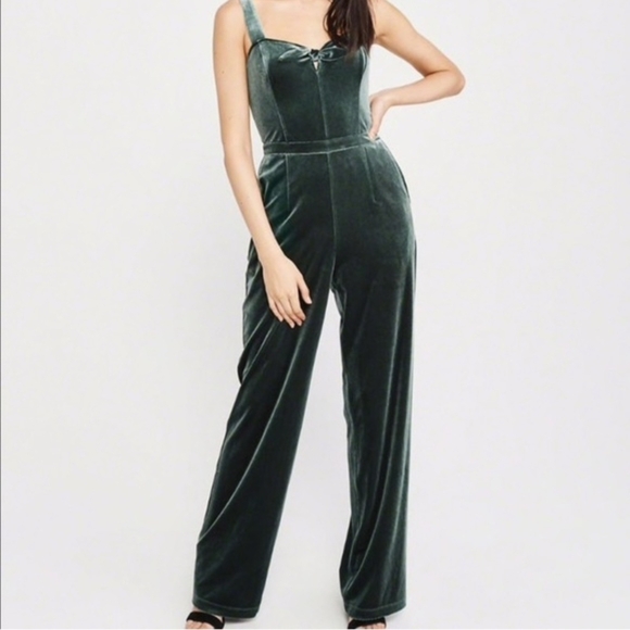 Abercrombie & Fitch Pants - Abercrombie & Fitch Dark Green Velvet Bow Wide-Leg Jumpsuit